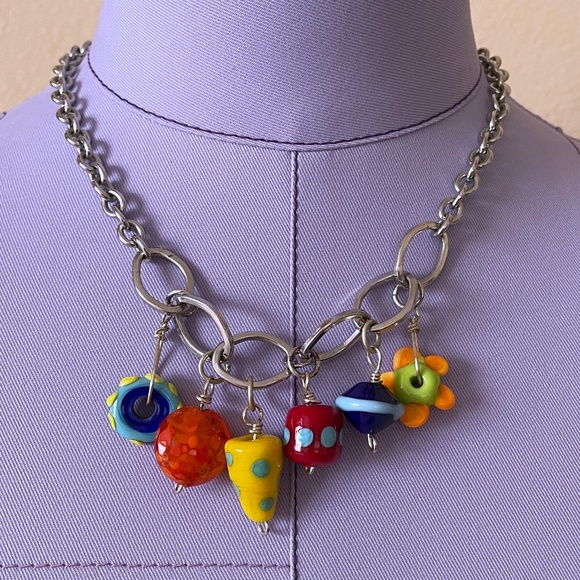 8” Multi Color Glass Beads Silver tone Chain Statement Necklace Floral Toggle - Picture 1 of 7